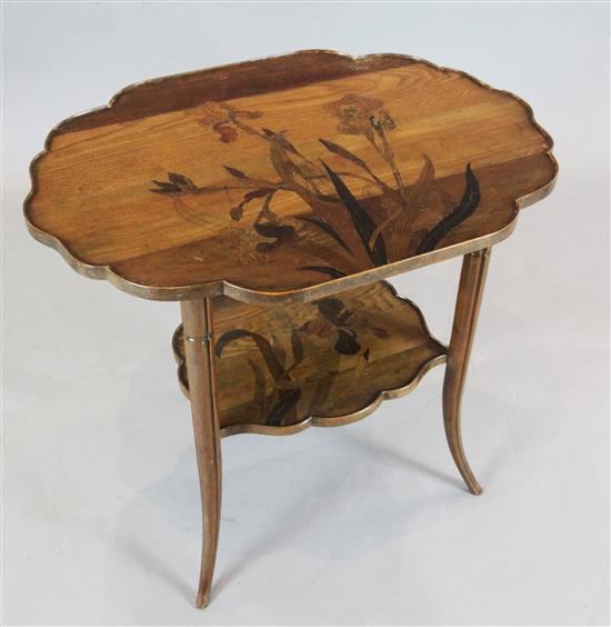 An Emile Gallé walnut and marquetry two tier table, late 19th century, W.2ft 8in. D.1ft 11.5in. H.2ft 4in.